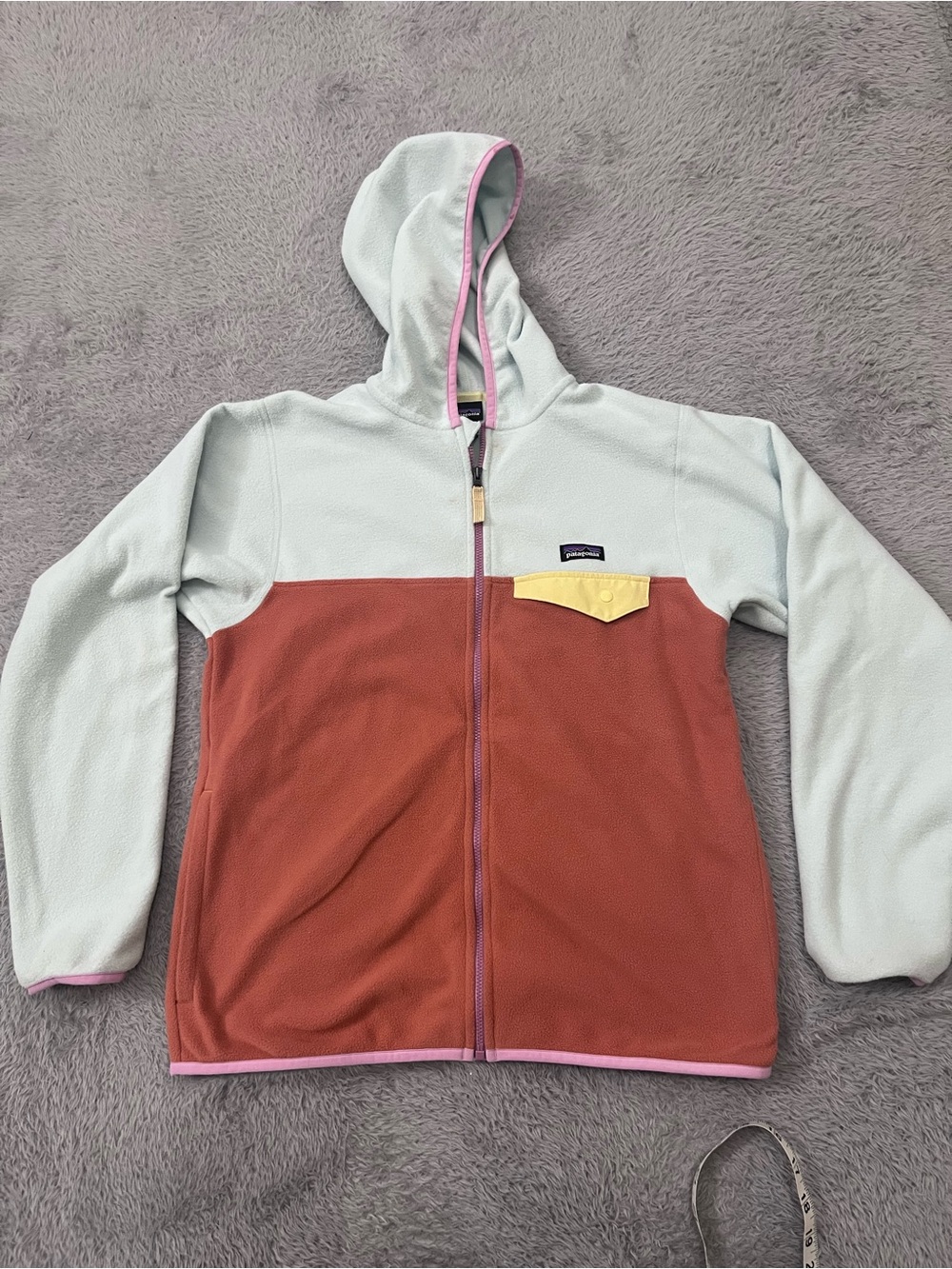 Patagonia Kids Colorblock Fleece Hoodie - Light Blue, Rust & Yellow